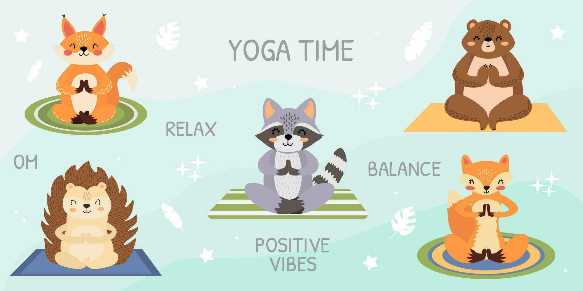 vector reeks van Woud dieren aan het doen yoga. wasbeer, vos, eekhoorn, beer, egel. yoga tijd.meditatie reeks met dieren. schattig dieren in tekenfilm stijl. dieren geïsoleerd Aan blauw achtergrond.