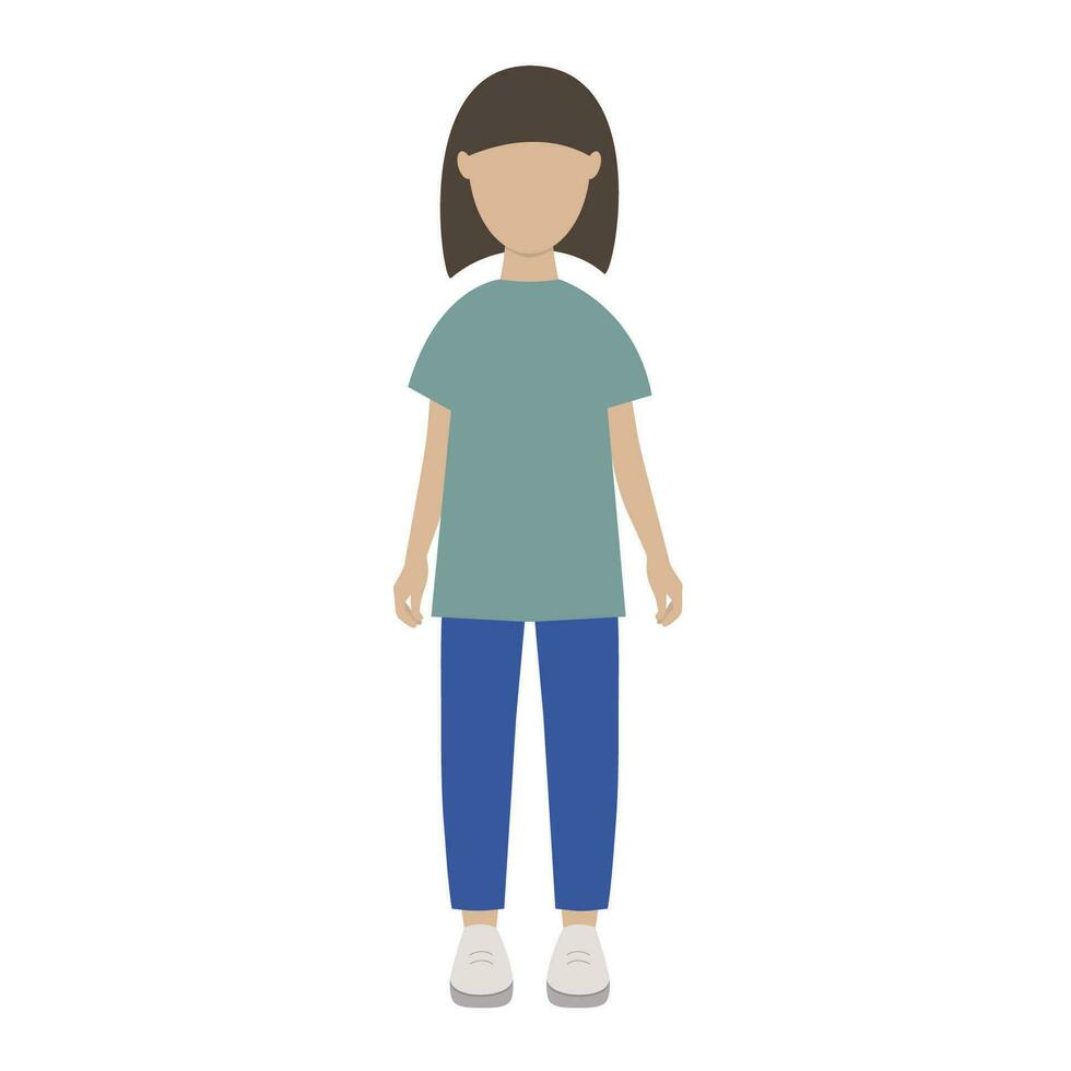 grafisch vector illustratie van een meisje in een t-shirt, sportschoenen en blauw broek Aan een wit achtergrond.