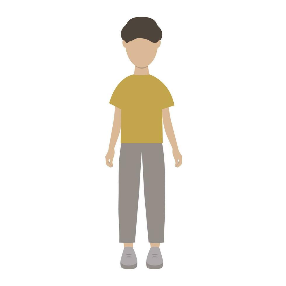 grafisch vector illustratie van een jongen in een t-shirt, sportschoenen en grijs broek Aan een wit achtergrond.