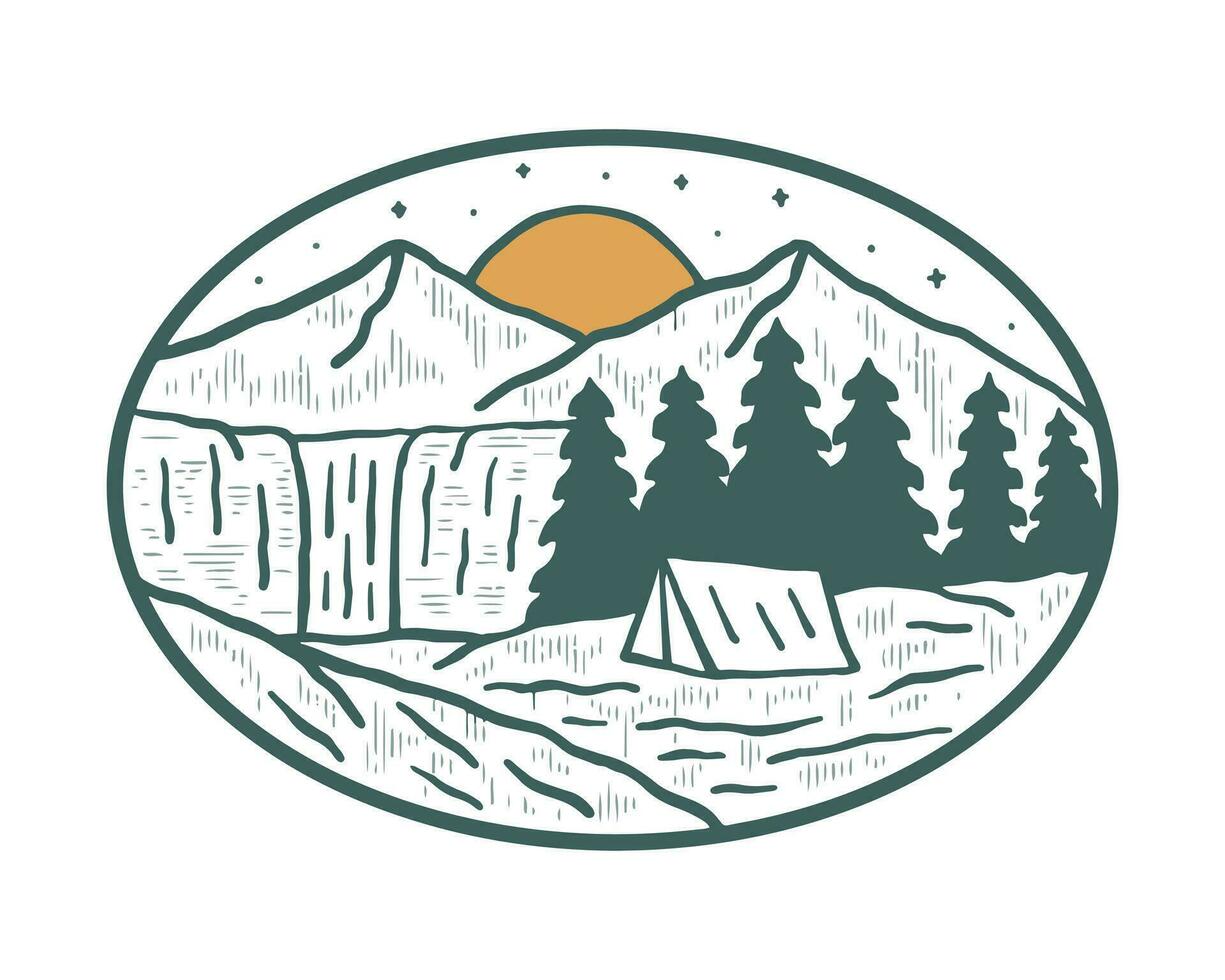 visie van de waterval , gelukkig camping in berg en natuur kunst ontwerp voor insigne, sticker, t overhemd vector