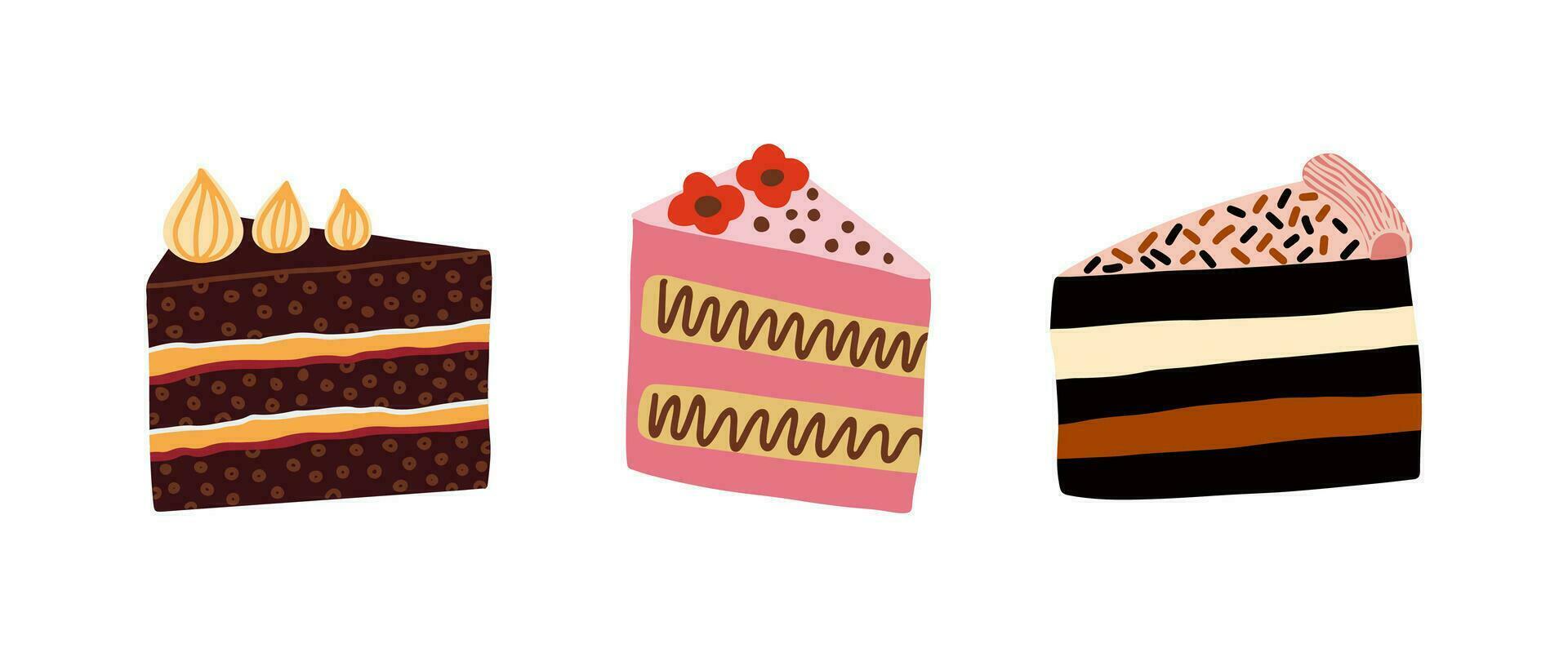reeks van verschillend taart plakjes met room. verjaardag taart stukken, aardbei, chocola taarten. vector illustratie.