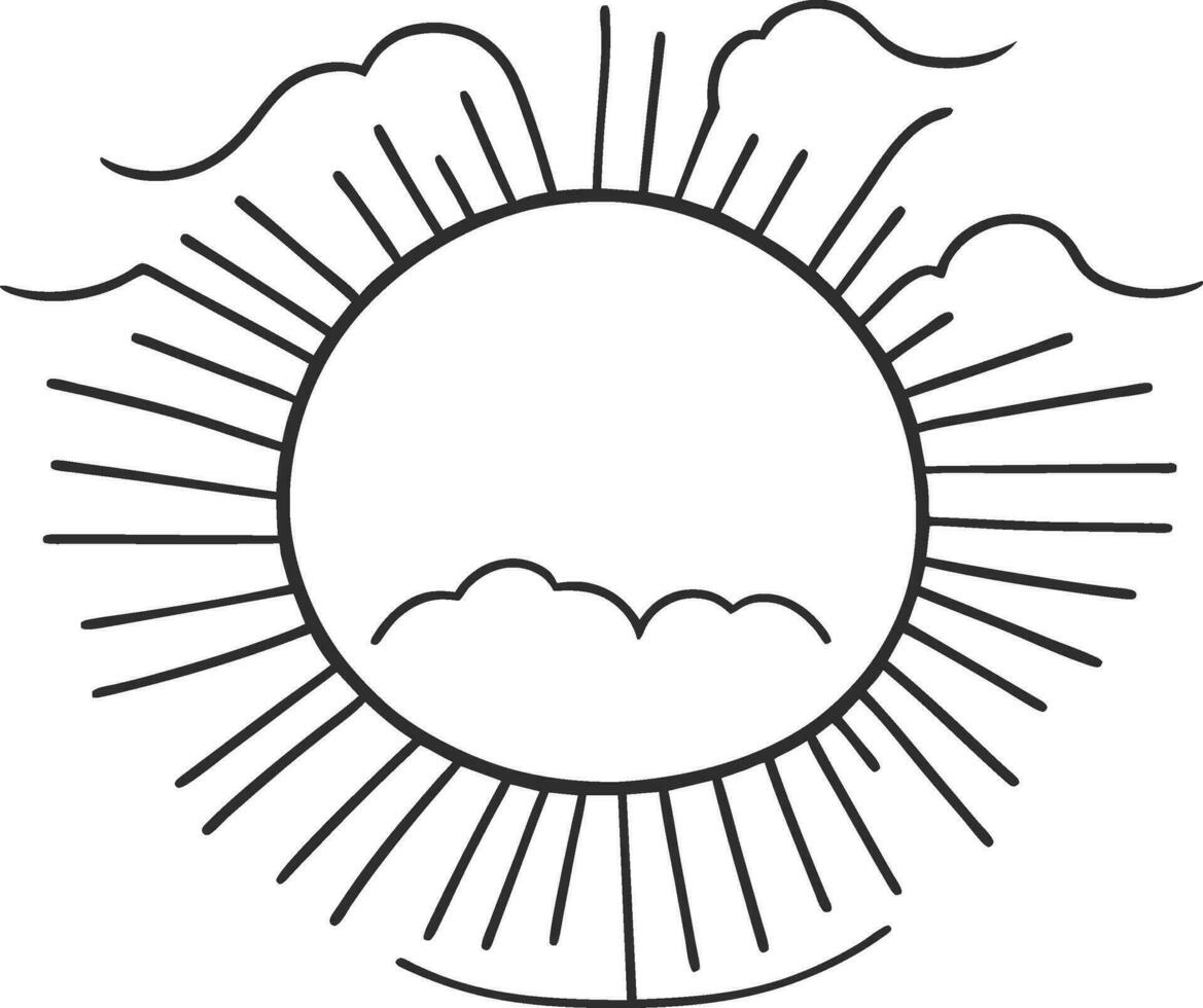 zon icoon zwart lijn tekening of tekening logo zonlicht teken symbool weer wolken element tekenfilm stijl vector illustratie
