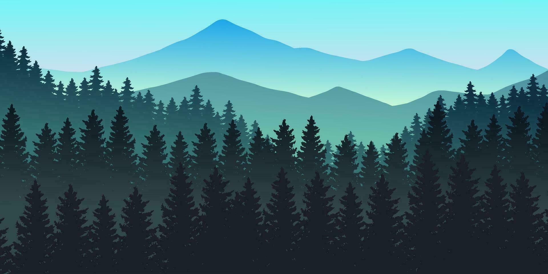 silhouet van natuur landschap. bergen, Woud in achtergrond. blauw en groen illustratie vector