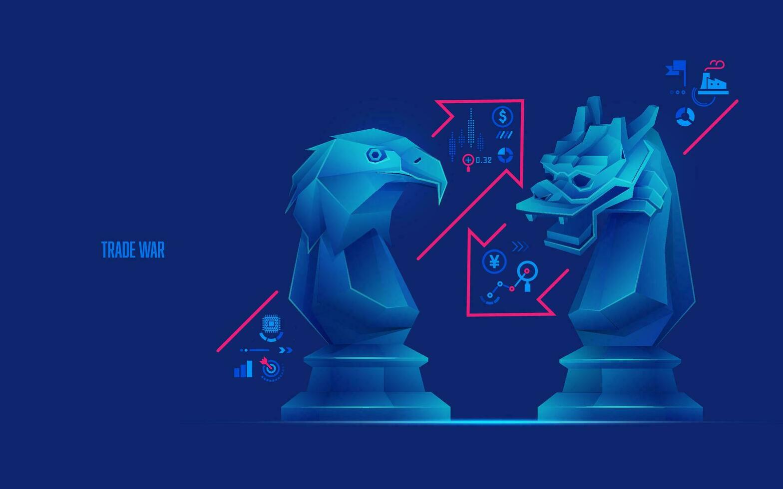 Internationale handel oorlog adelaar schaak stuk versus draak schaak stuk met bedrijf pictogrammen vector