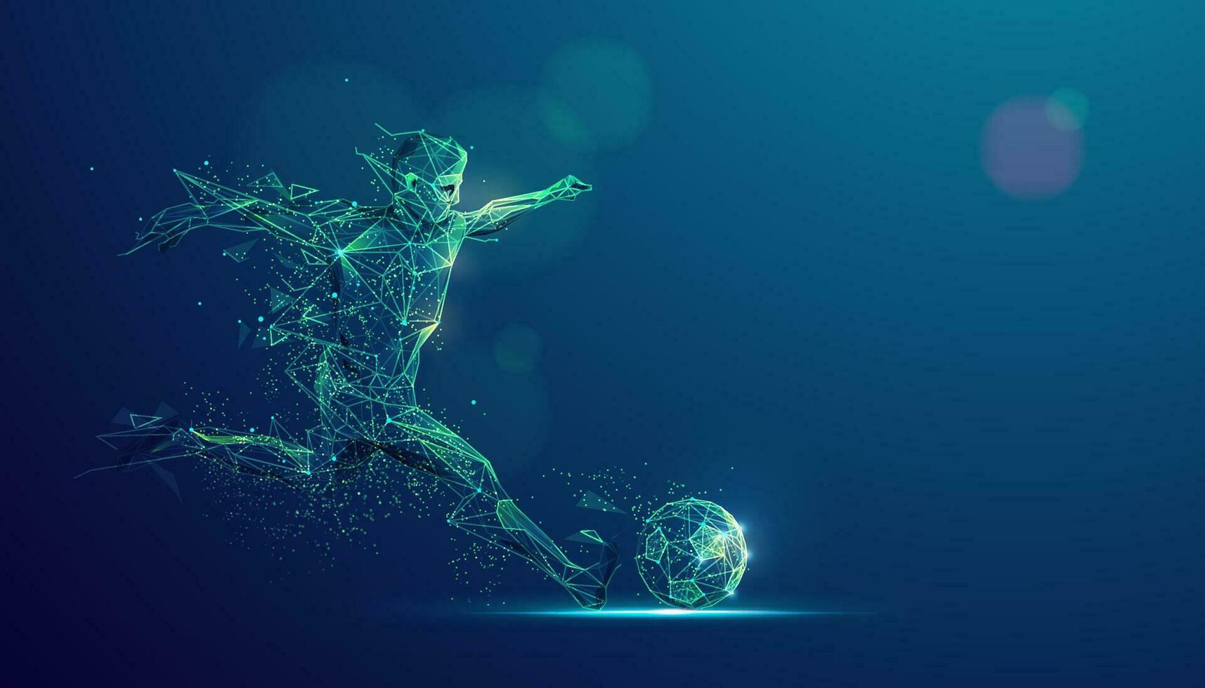 wireframe voetbal speler het schieten bal met verlichting effect vector