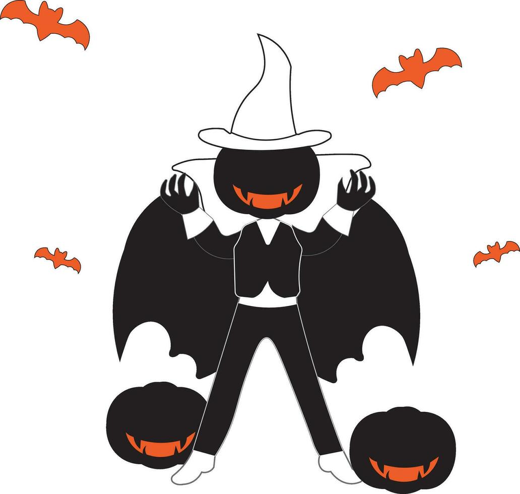halloween dag vector ontwerp illustratie. dracula karakter silhouet met pompoen hoofd. vervelend een tovenaars hoed. pompoenen en vleermuizen. geschikt voor logo's, groet kaarten, t-shirt ontwerpen, affiches.