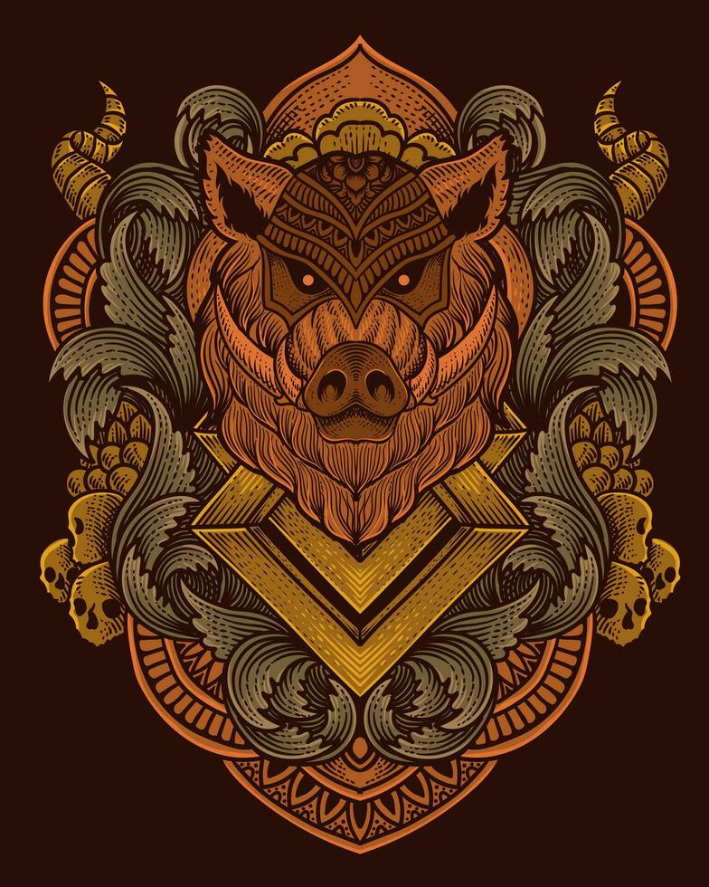 wild zwijn hoofd met wijnoogst gravure ornament vector