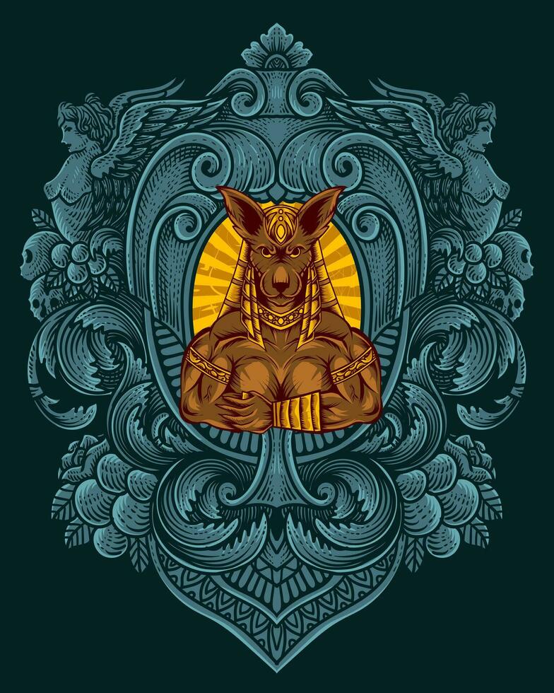 Anubis god met antiek gravure ornament vector