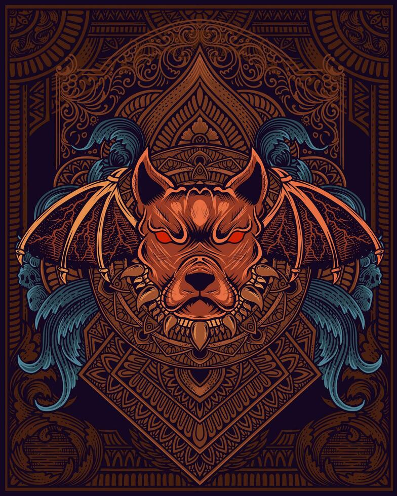 demon hond met antiek gravure ornament vector