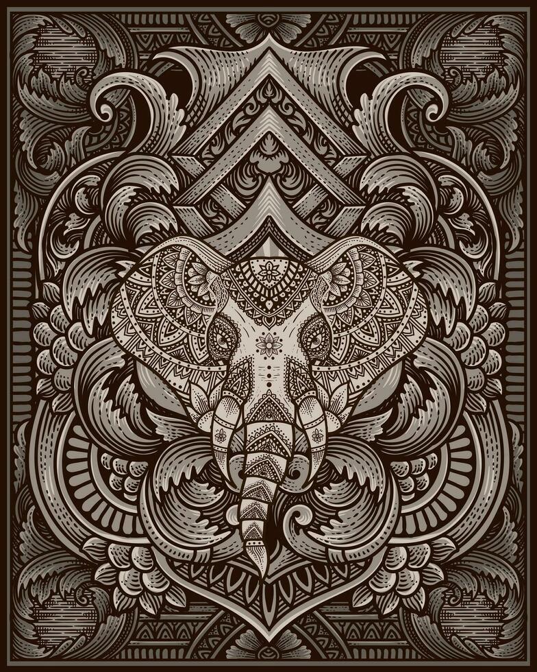olifant hoofd tribal stijl met antiek gravure ornament vector