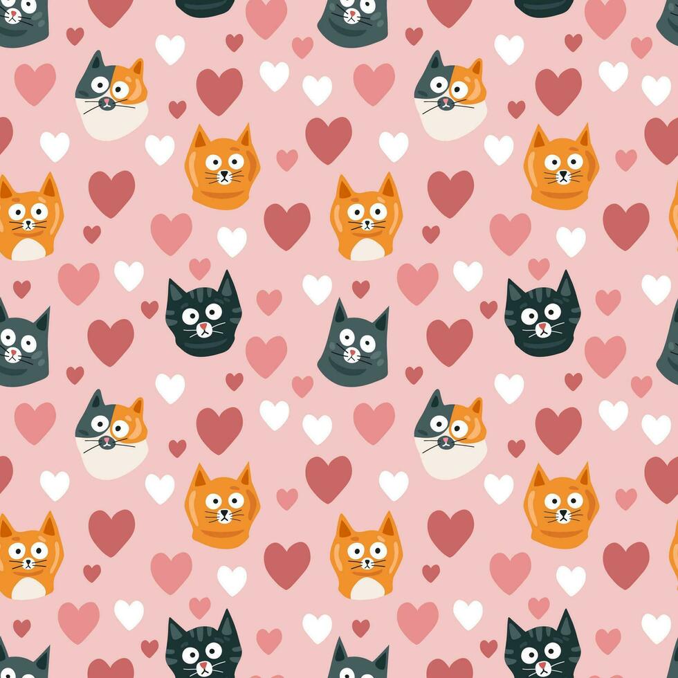 schattig gezichten van katten en harten. naadloos patroon, vector illustratie