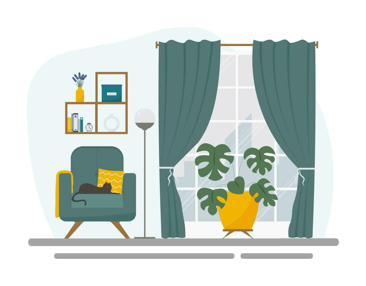 modern leven kamer interieur met een zwart kat Aan de fauteuil. concept vector illustratie in vlak stijl.