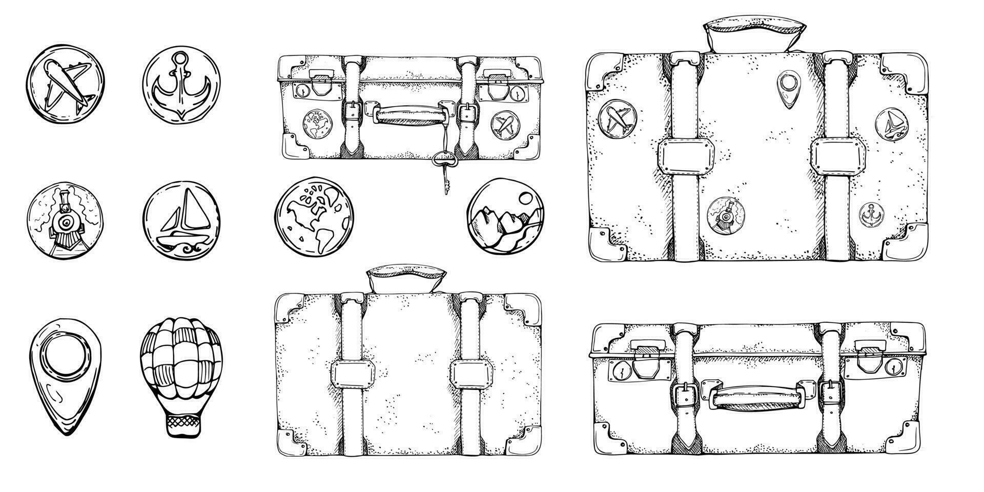 inkt hand- getrokken vector schetsen. illustratie met reeks van retro wijnoogst oud koffers bagage bagage met stickers en sleutel. ontwerp voor toerisme, reis, brochure, bruiloft, gids, afdrukken, kaart, tatoeëren.