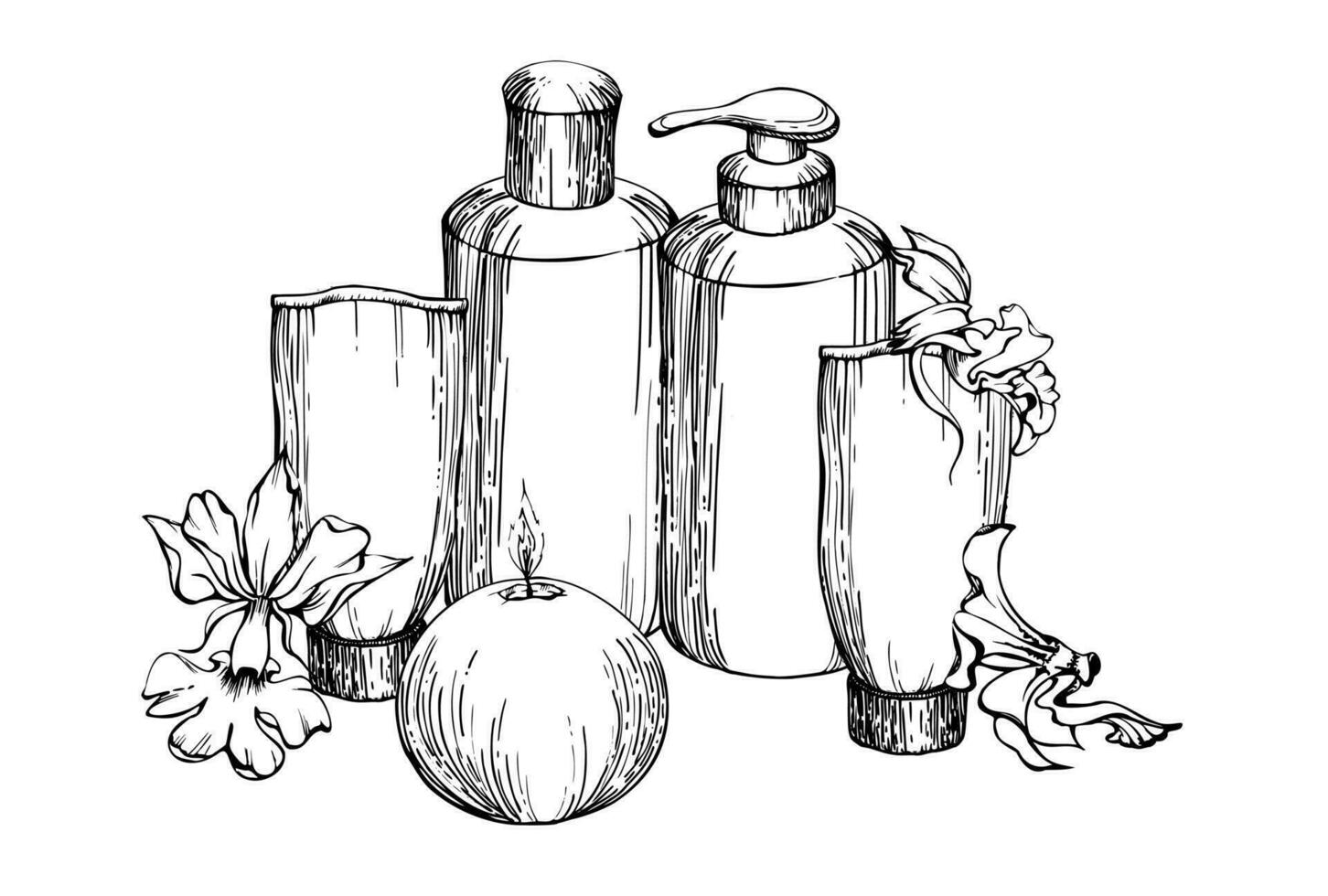 hand- getrokken vector inkt spa huidsverzorging bad schoonheid producten pakket bloemen. horizontaal samenstelling geïsoleerd Aan wit achtergrond. ontwerp voor muur kunst, welzijn toevlucht, afdrukken, kleding stof, omslag, kaart, boekje.