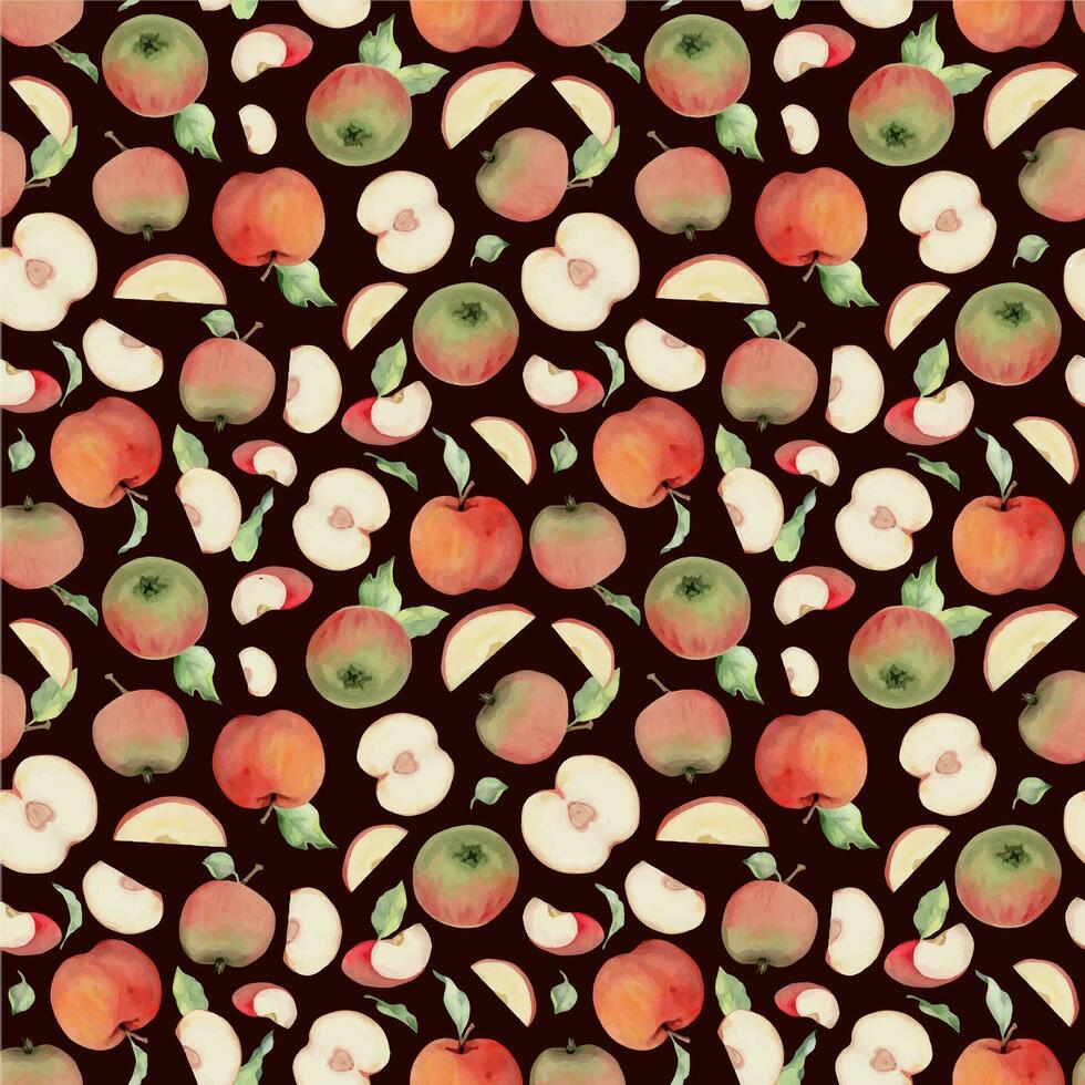 hand- getrokken waterverf appel fruit, rijp, vol en plakjes rood en groen met bladeren. naadloos patroon. geïsoleerd voorwerp Aan kleur achtergrond. ontwerp voor muur kunst, bruiloft, afdrukken, kleding stof, omslag, kaart. vector