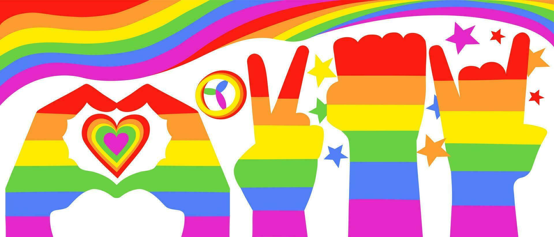 divers handen met regenboog patroon in verschillend poses met lgbt vlag en kleurrijk symbolen Aan de achtergrond. lgbt trots homo en lesbienne concept vector