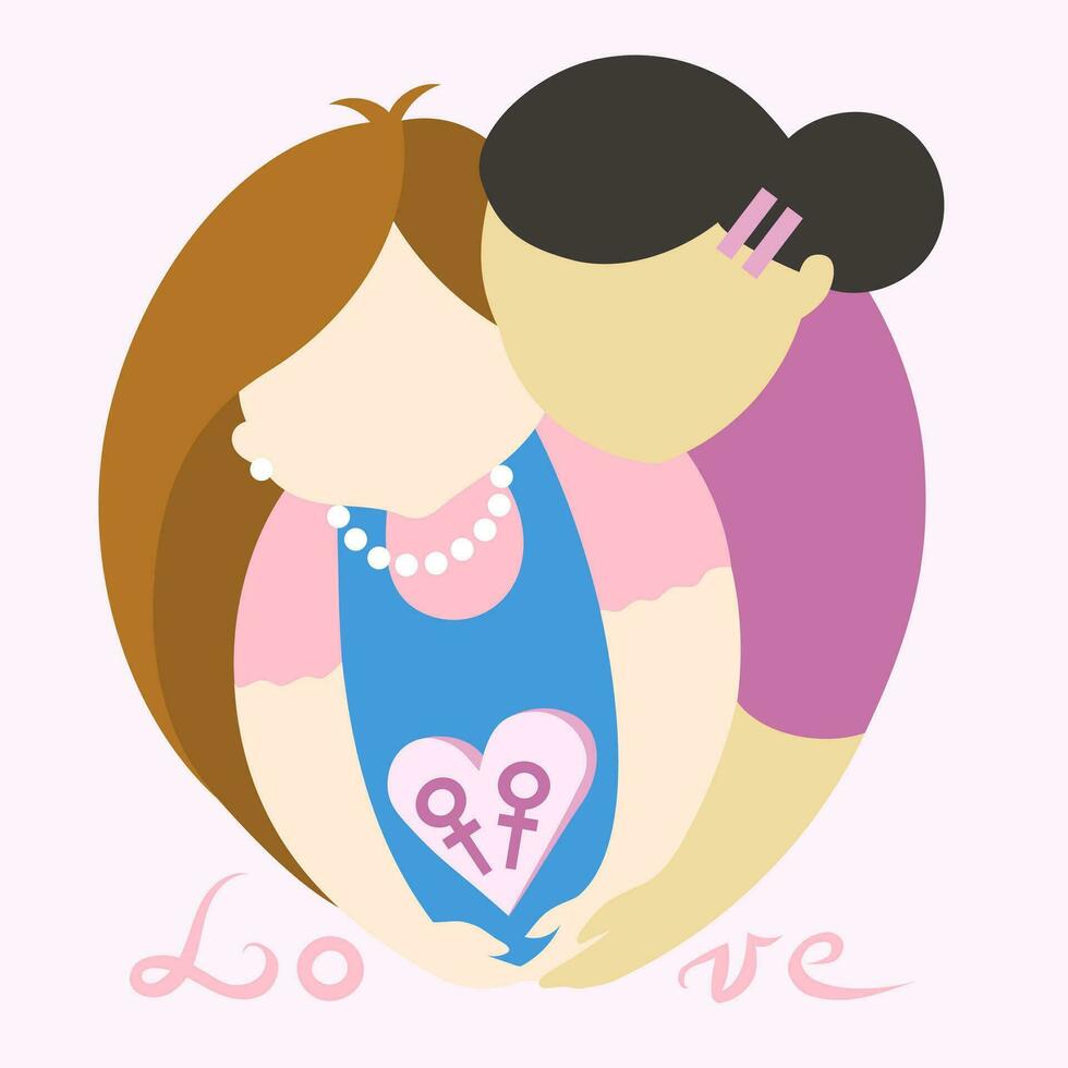 lesbienne meisjes in liefde Holding vrouw tekens in hart Aan roze achtergrond - gemakkelijk vector illustratie. lgbt trots homo en lesbienne concept
