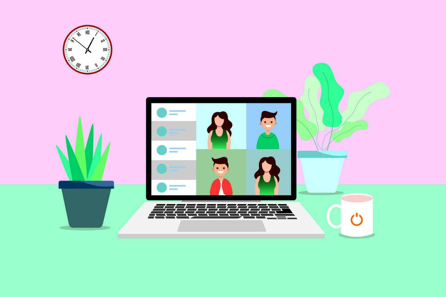 huis school- vector illustratie, studenten Aan laptop computer scherm, laptop met bloemen, online opleiding, e aan het leren, online Cursus concept