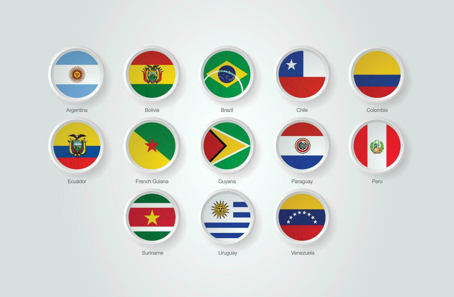 3d vlag pictogrammen reliëf cirkel van zuiden Amerika landen vector