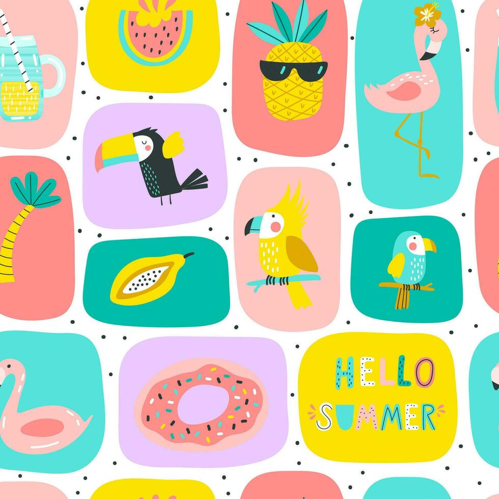 zomer naadloos patroon met palm bladeren, flamingo, toekan. vector illustraties