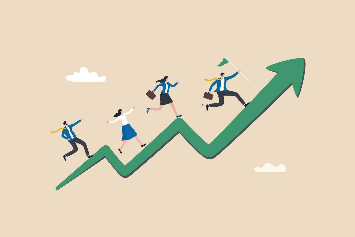 bedrijf groei, groeit naar succes, carrière ontwikkeling of vooruitgang Aan stijgende lijn omhoog pijl, team motivatie of strategie naar bereiken doelwit concept, bedrijf mensen werknemer rennen Aan groei stijgende lijn omhoog pijl. vector