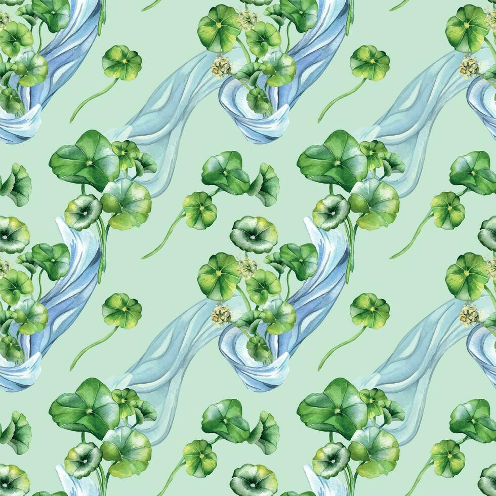 centella asiatica kruiden planten en Golf waterverf naadloos patroon geïsoleerd Aan blauw. waternavel, ik heb je kola water vorm geven aan, geranium bloem hand- getrokken. ontwerp voor pakket, textiel, inpakken, achtergrond vector