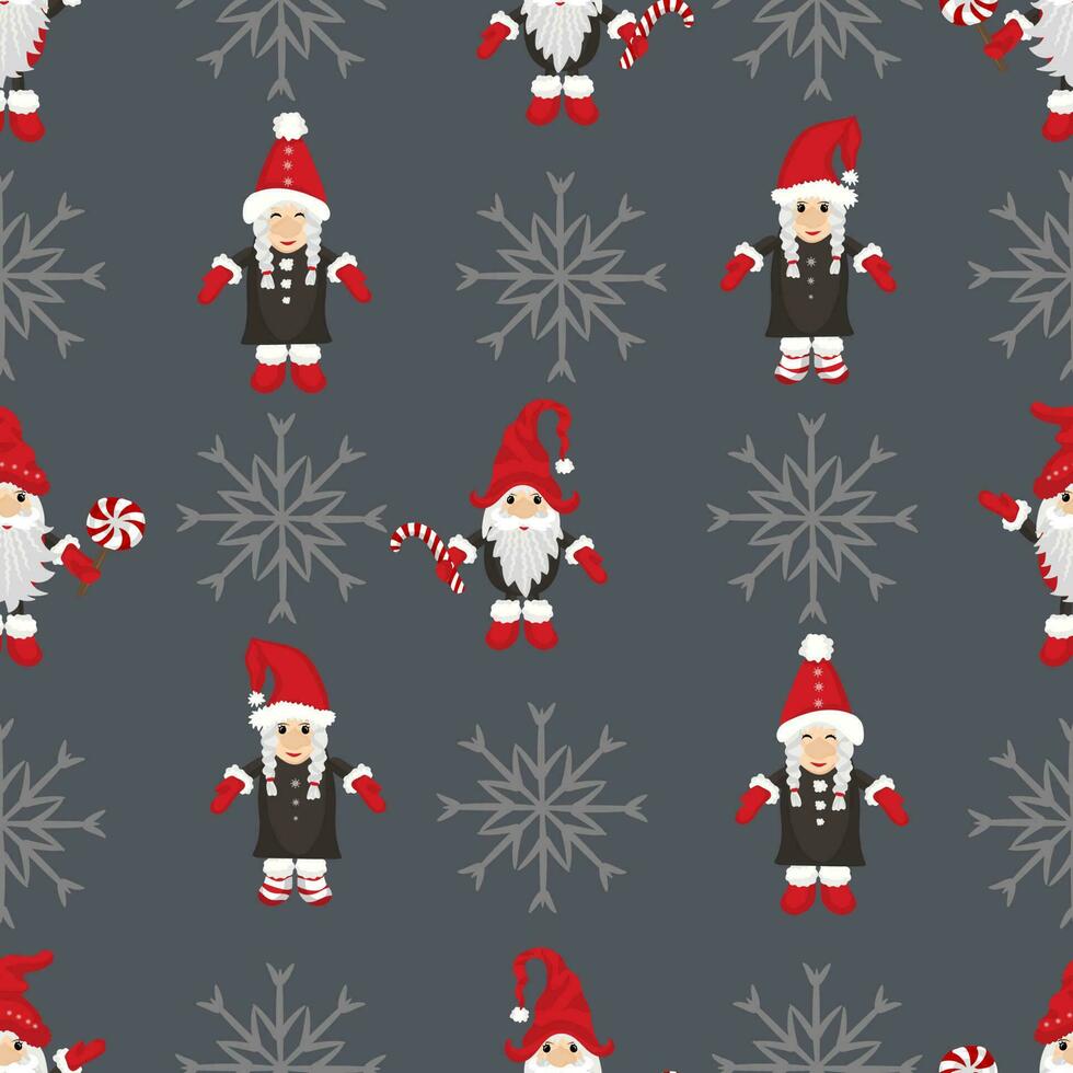 naadloos patroon met schattig Kerstmis kabouters en sneeuwvlokken vector