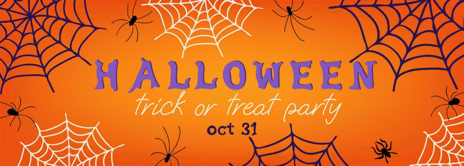 halloween partij uitnodigingen of groet kaarten met handgeschreven schoonschrift en spinnen en spin webben. vector