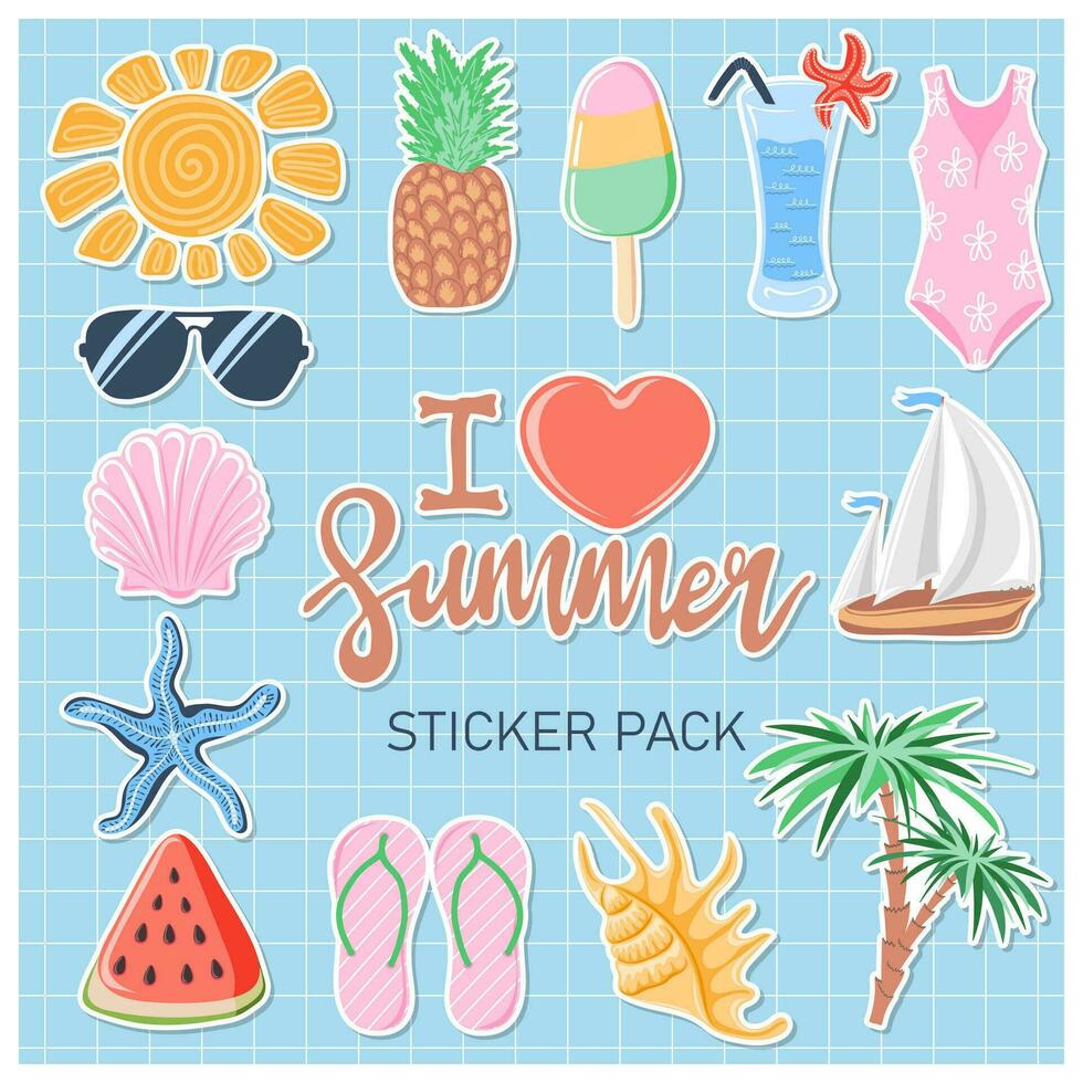 ik liefde zomer. hand- getrokken zomer sticker pak met verschillend seizoensgebonden elementen. tropisch vakantie. zomertijd tekening pictogrammen vector