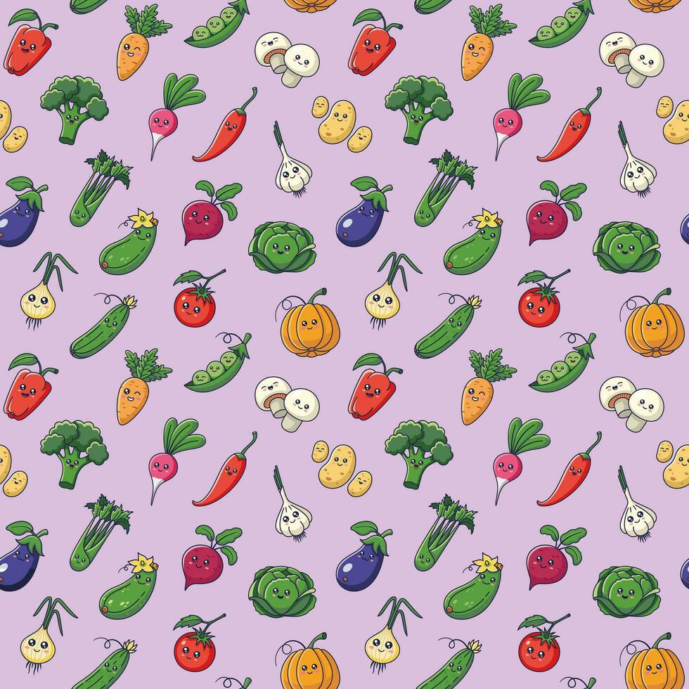 groenten naadloos patroon met kawaii tekens Aan lila achtergrond. perfect voor veganistisch, vegetarisch, behang, voedsel achtergrond, kleding stof, omhulsel papier, textiel. tekenfilm vector illustratie.