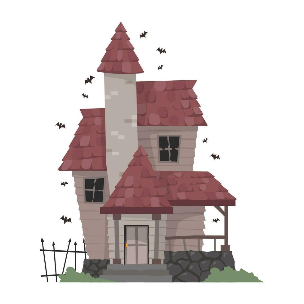 griezelig achtervolgd huis of kasteel herenhuis verlaten huis met geest en knuppel voor halloween concept illustratie vector