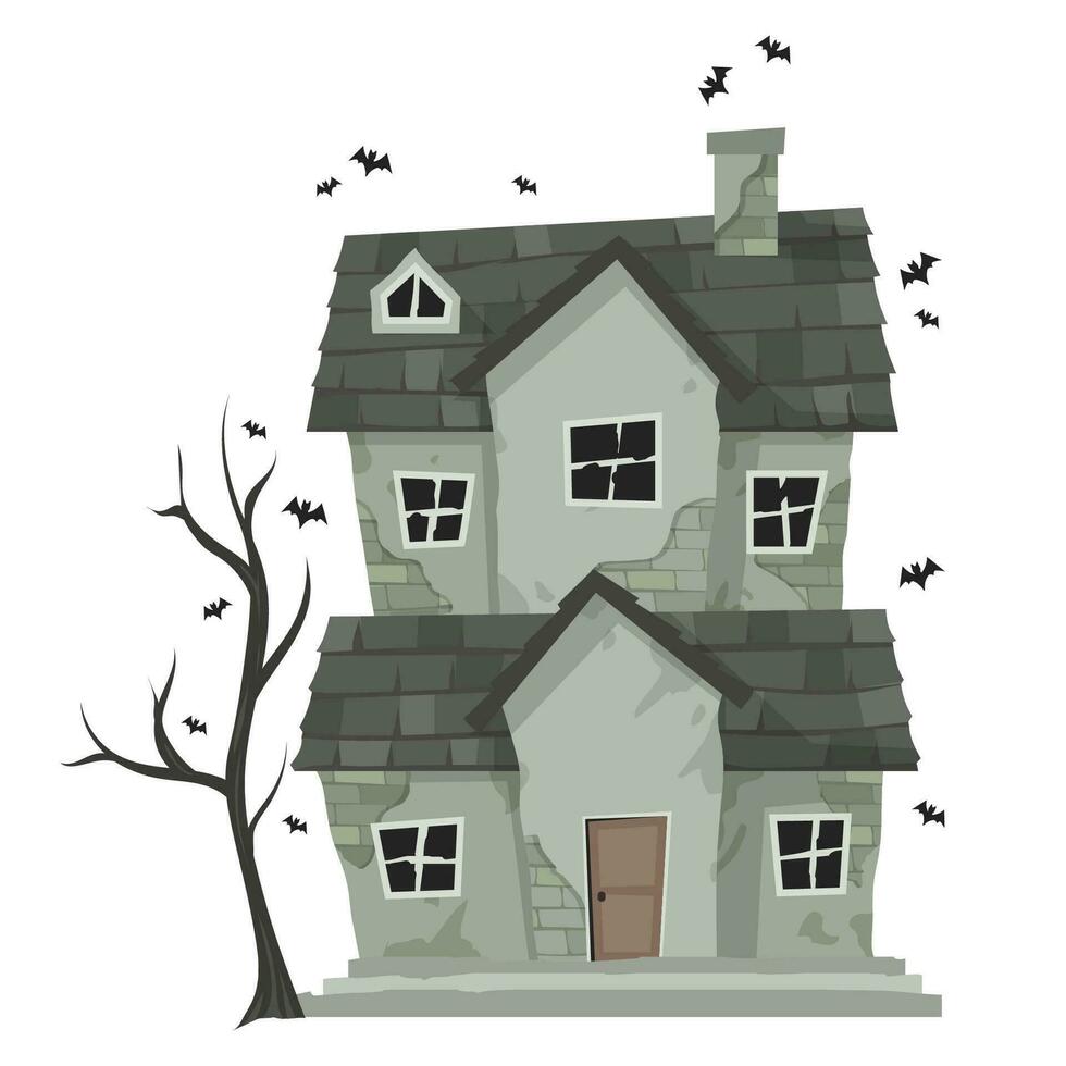 griezelig achtervolgd huis of kasteel herenhuis verlaten huis met geest en knuppel voor halloween concept illustratie vector