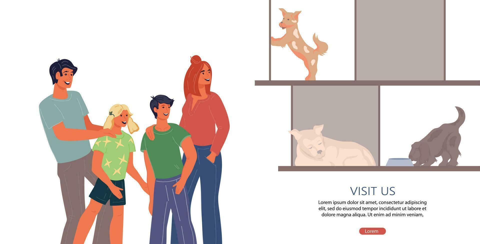 website bladzijde sjabloon voor dier onderdak met familie komen naar adopteren een huisdier. onderdak voor dakloos dieren, revalidatie of adoptie centrum voor verdwaald honden, vlak tekenfilm vector illustratie.