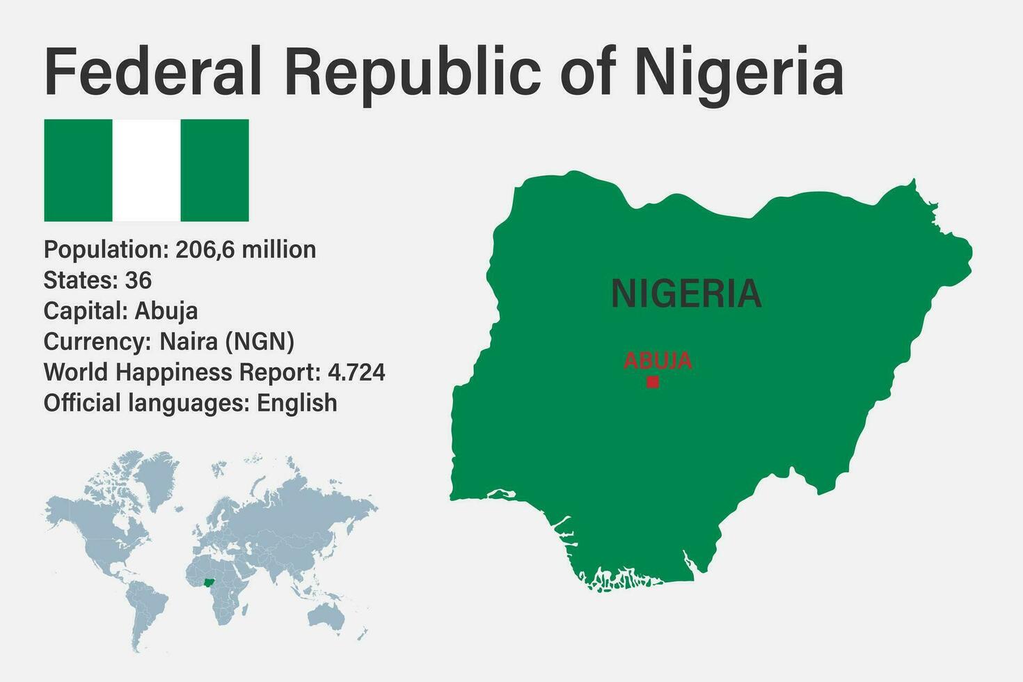 zeer gedetailleerde kaart van nigeria met vlag, hoofdstad en kleine wereldkaart vector