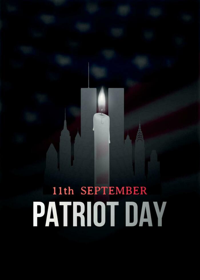 patriot dag poster met kaars, nieuw york silhouet en Amerikaans vlag vector