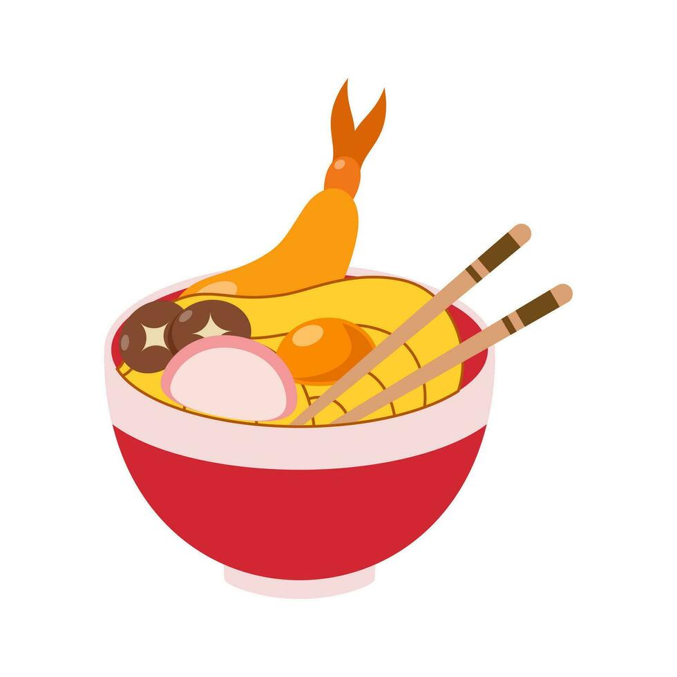 vector illustratie van heerlijk Japans ramen noodle Aan kom met vlak stijl. traditioneel Aziatisch noodle soep. ramen met eieren en garnaal. de noedels zijn hangende Aan stokken. oostelijk keuken.