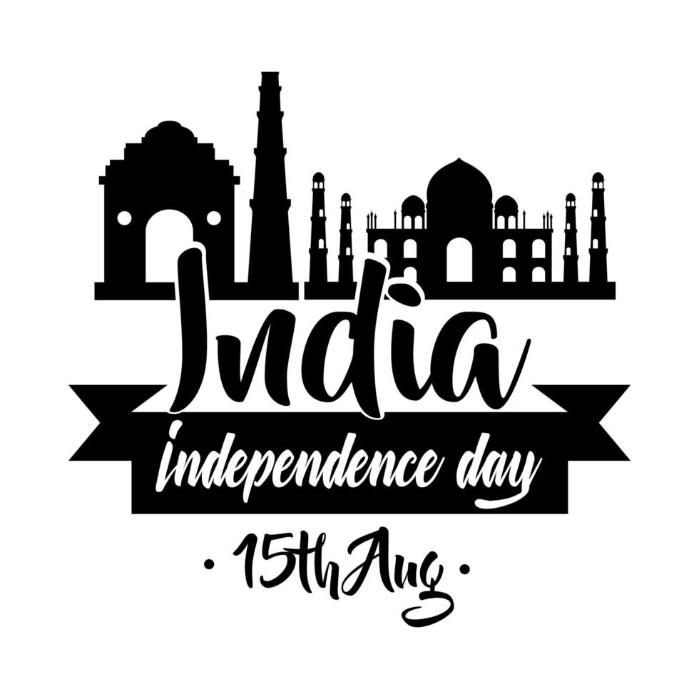 de viering van de onafhankelijkheidsdag van india met de silhouetstijl van de Taj Mahal-moskee vector