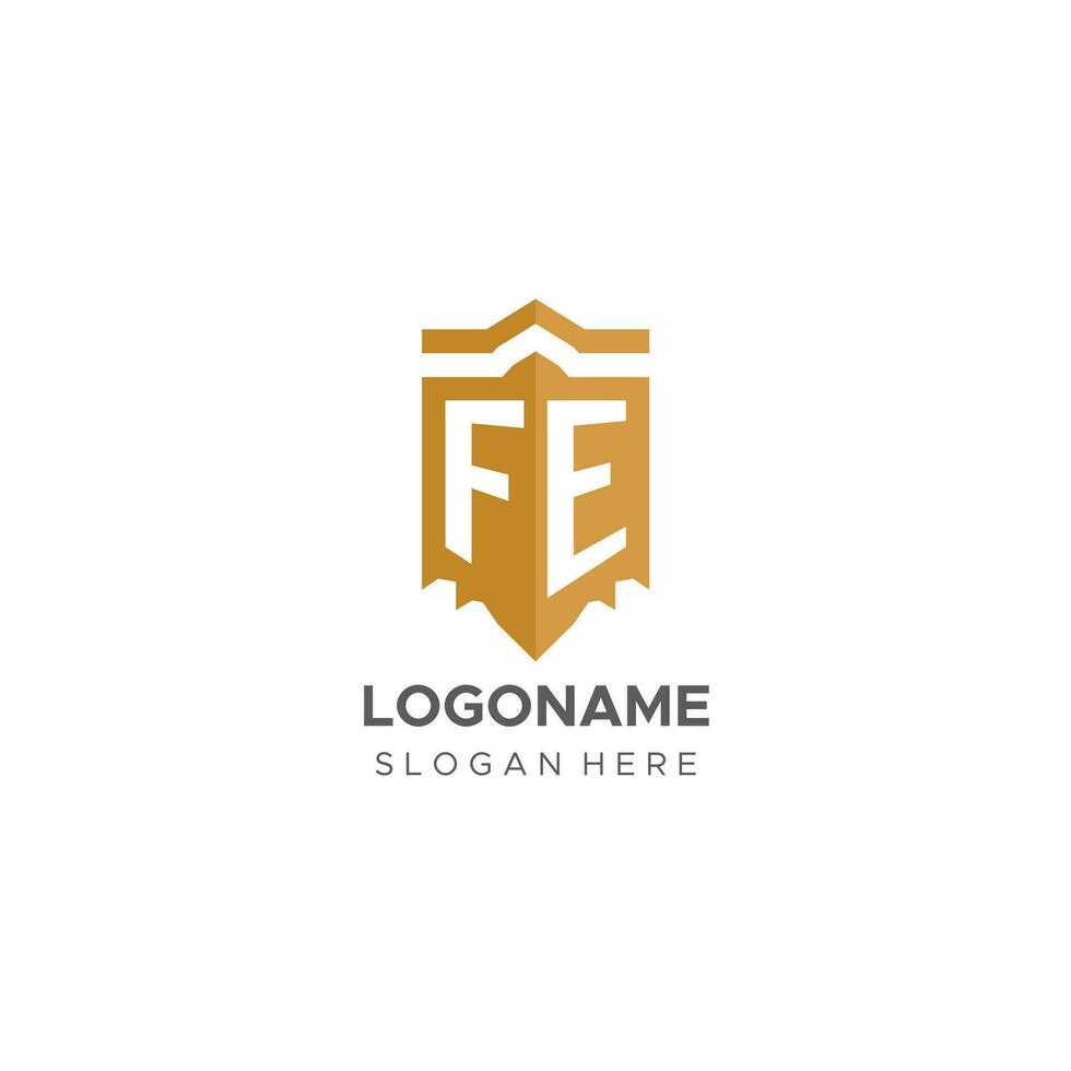 monogram fe logo met schild meetkundig vorm geven aan, elegant luxe eerste logo ontwerp vector
