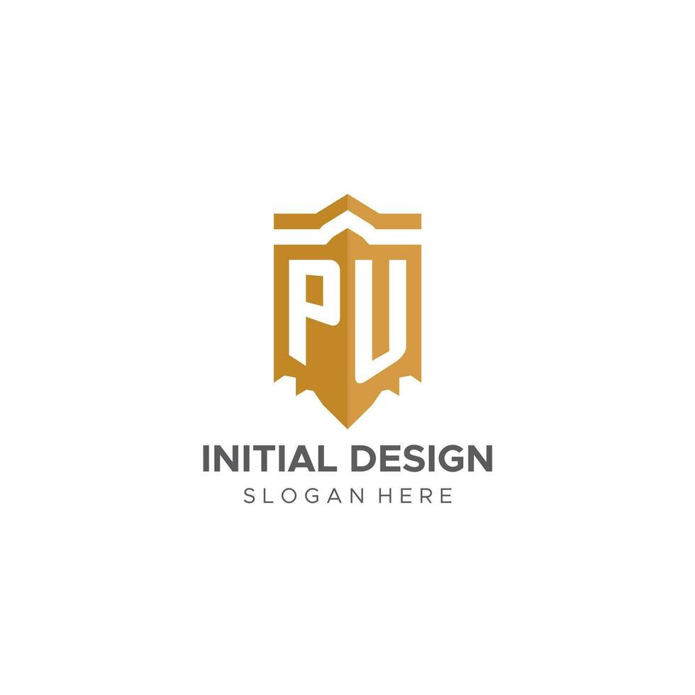 monogram pu logo met schild meetkundig vorm geven aan, elegant luxe eerste logo ontwerp vector