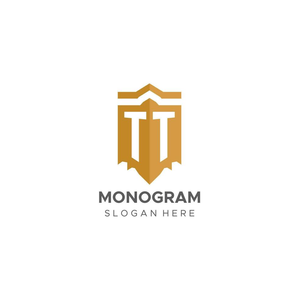 monogram tt logo met schild meetkundig vorm geven aan, elegant luxe eerste logo ontwerp vector