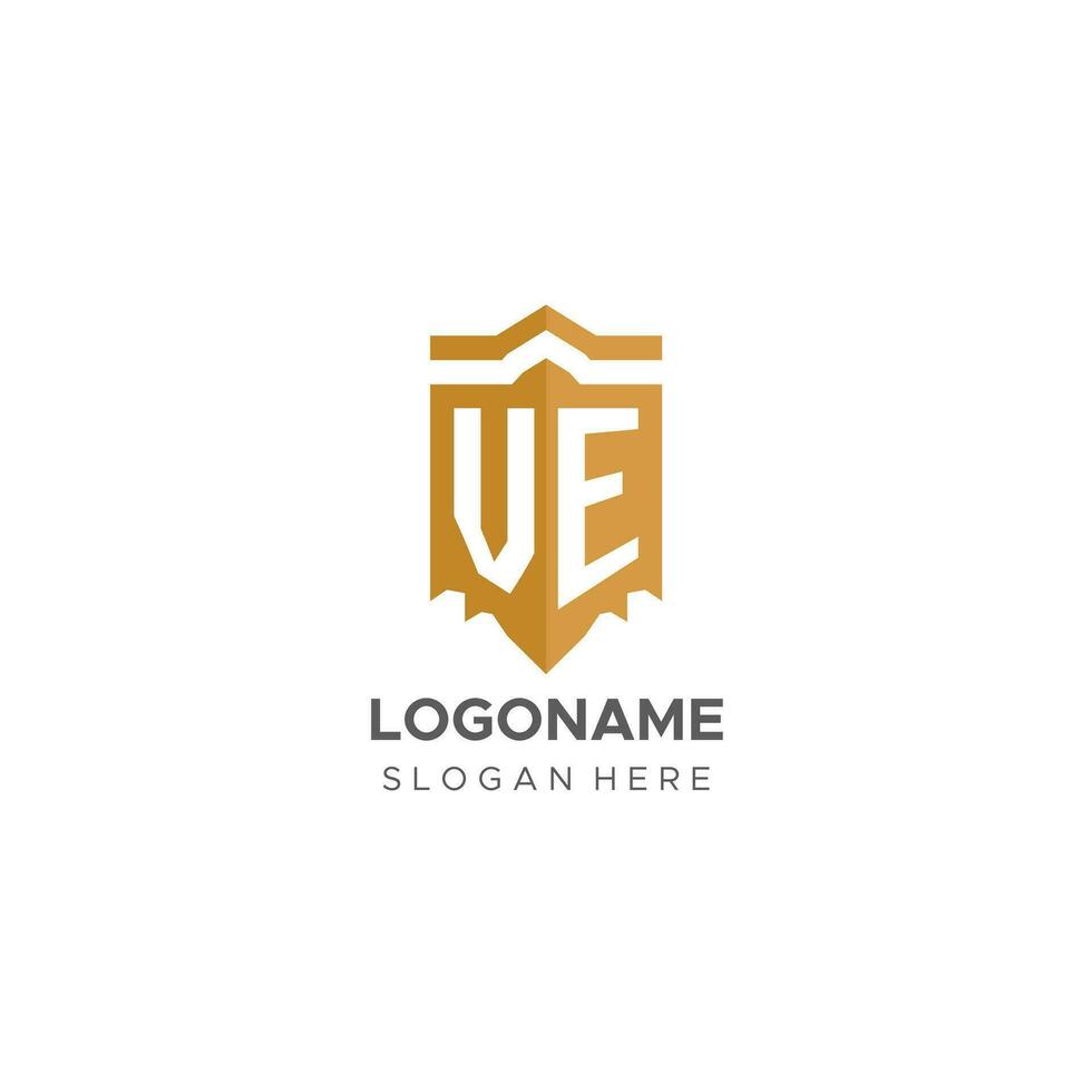 monogram ve logo met schild meetkundig vorm geven aan, elegant luxe eerste logo ontwerp vector