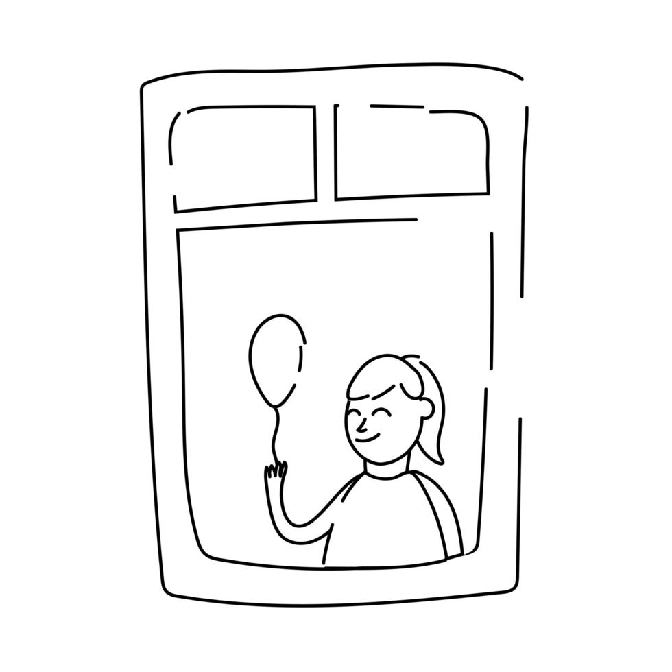 klein meisje met ballonhelium in appartementraam voor quarantainelijnstijl vector