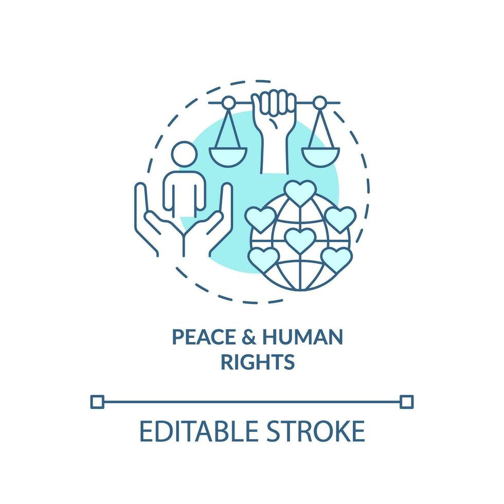 vrede en menselijk rechten turkoois concept icoon. gcd thema. duurzame ontwikkeling abstract idee dun lijn illustratie. geïsoleerd schets tekening. bewerkbare beroerte vector