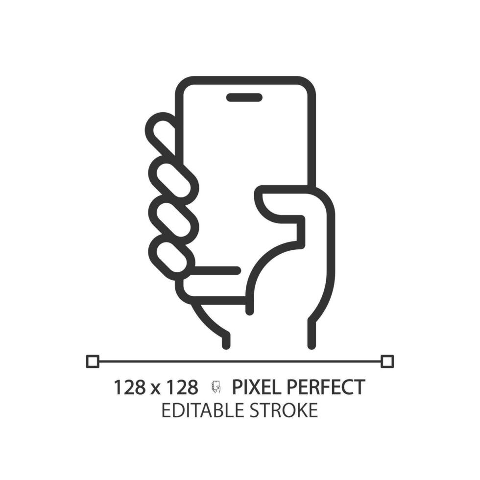 hand- met smartphone pixel perfect lineair icoon. persoon Holding cel telefoon. mobiel apparaat voor communicatie. dun lijn illustratie. contour symbool. vector schets tekening. bewerkbare beroerte