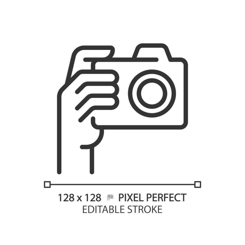 hand- met camera pixel perfect lineair icoon. persoon nemen schot met analoog apparatuur. fotograaf hulpmiddel. dun lijn illustratie. contour symbool. vector schets tekening. bewerkbare beroerte