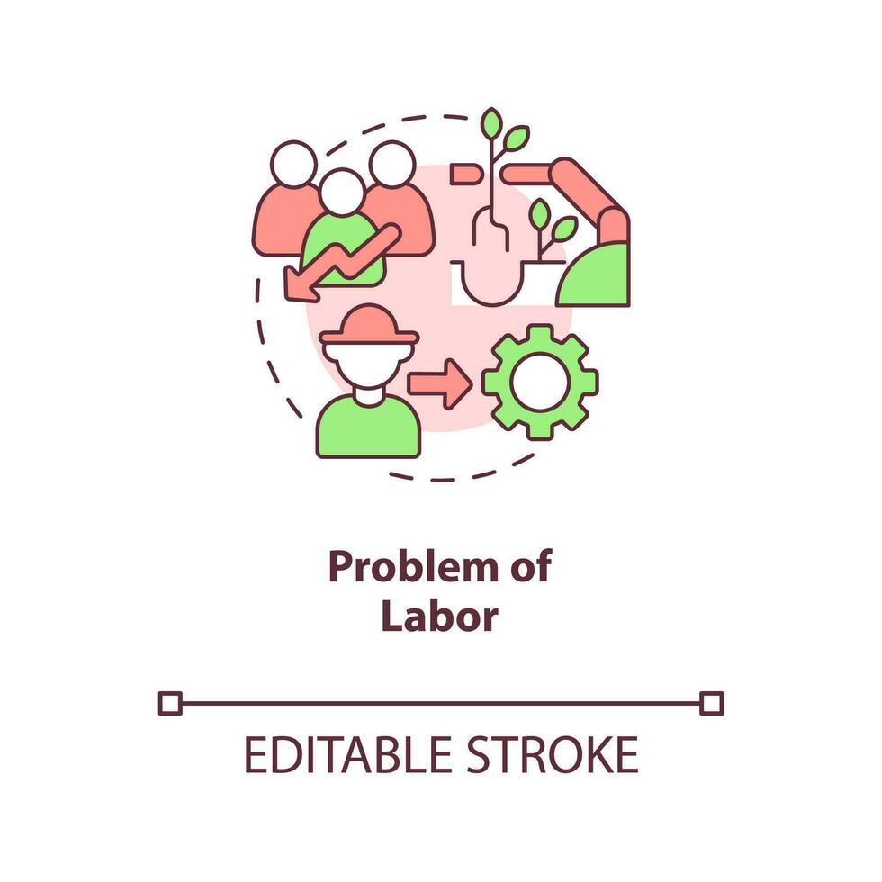 probleem van arbeid concept icoon. landbouw mechanisatie. verminderen arbeidskrachten. automatisering abstract idee dun lijn illustratie. geïsoleerd schets tekening. bewerkbare beroerte vector