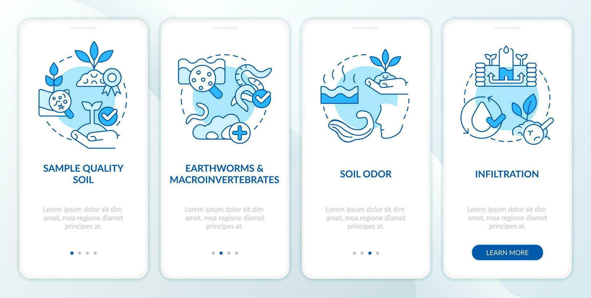 bodem Gezondheid blauw onboarding mobiel app scherm. regeneratief landbouw walkthrough 4 stappen bewerkbare grafisch instructies met lineair concepten. ui, ux, gui sjabloon vector