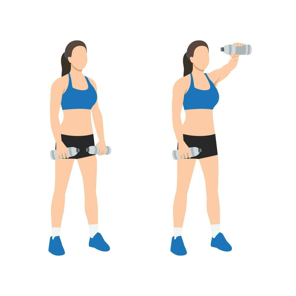 vrouw aan het doen single of een arm voorkant water fles verhoogt oefening. vector