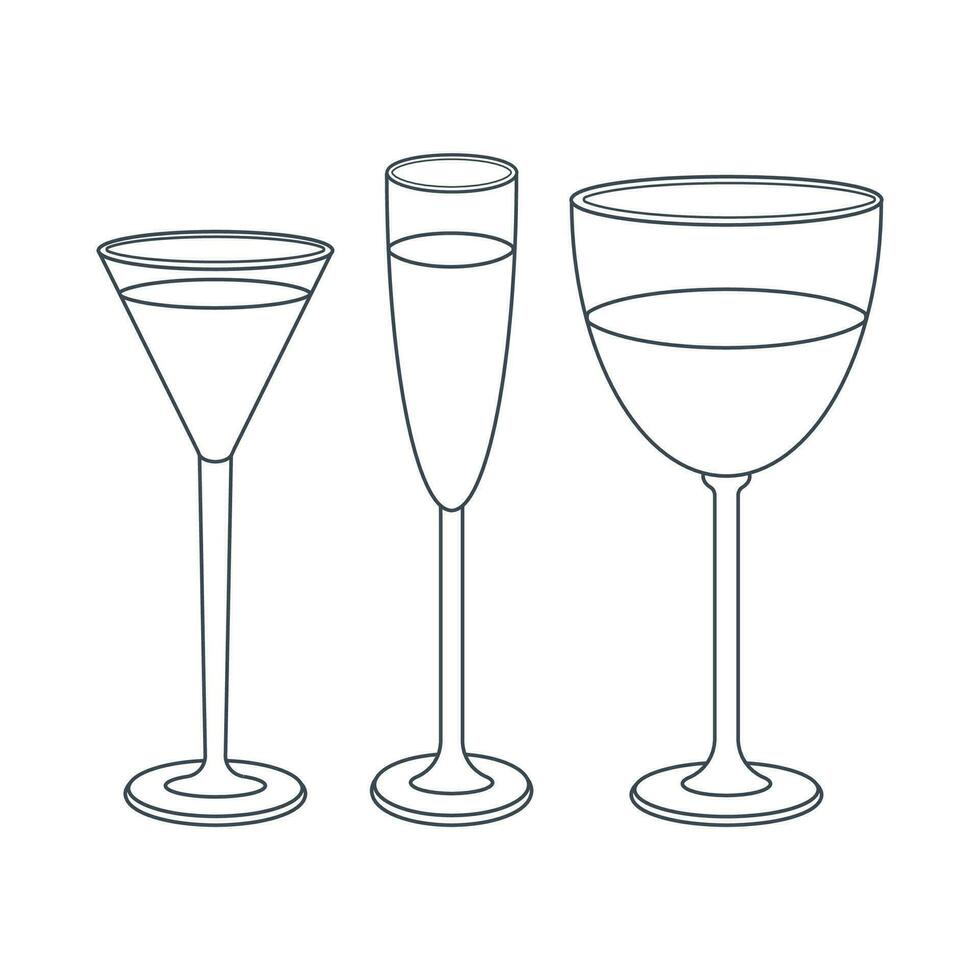borden. een reeks van glas, cocktail, Champagne, wijnglas met een drankje. lijn kunst. vector