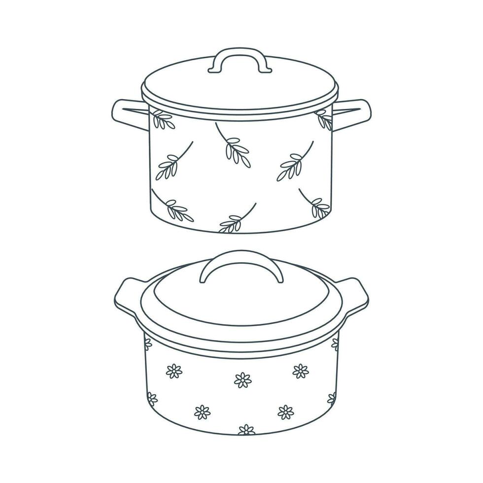 borden. een reeks van keuken pot met een deksel en een bloemen ornament. lijn kunst. vector